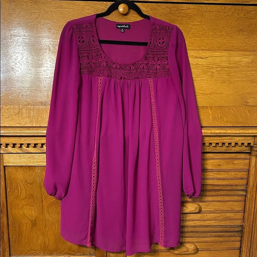 Boho Chic Romantic Magenta Babydoll Crochet Lace Long Sleeve Shift Dress Peasant